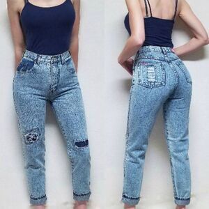 VINTAGE 1990s Jordache Acid Wash Distressed Dot Patchwork Bow Polka Dot Jeans